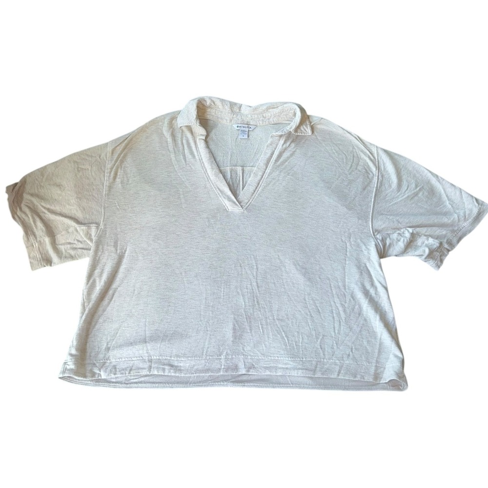 Athleta Oatmeal Heathered Collared V Neck Short‎ Sleeve Relaxed Fit Top Size M